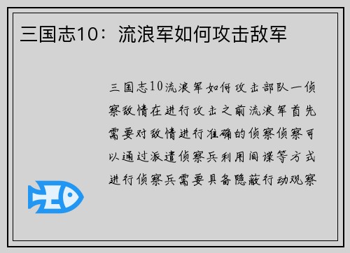 三国志10：流浪军如何攻击敌军